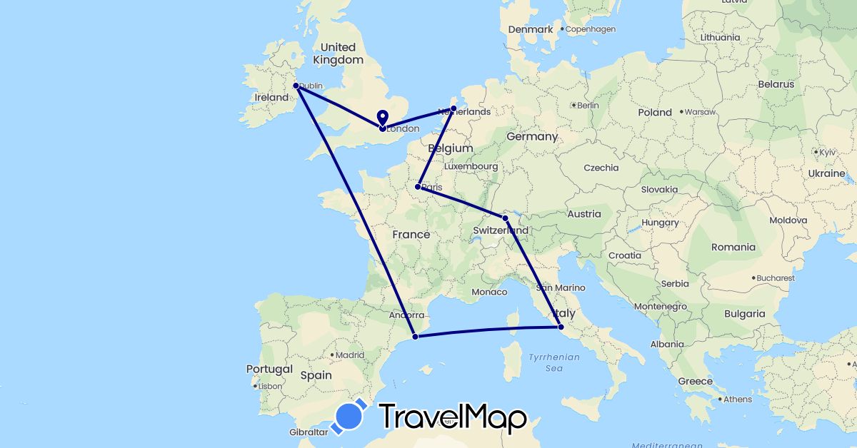 TravelMap itinerary: driving in Switzerland, Spain, France, United Kingdom, Ireland, Italy, Netherlands (Europe)